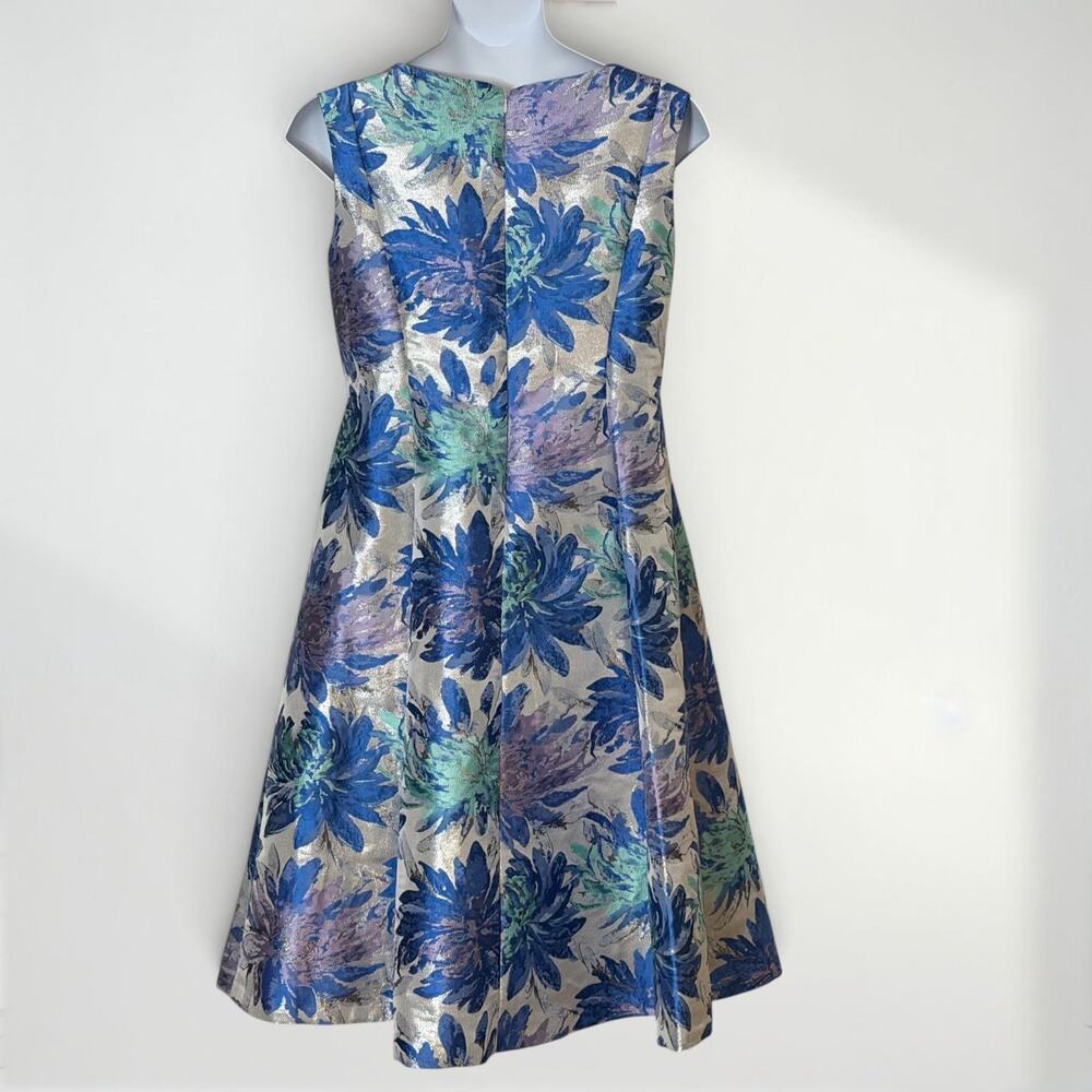 Adrianna Papell 16W Blue Silver Metallic Jacquard Midi Dress Pockets Wedding - Picture 4 of 13